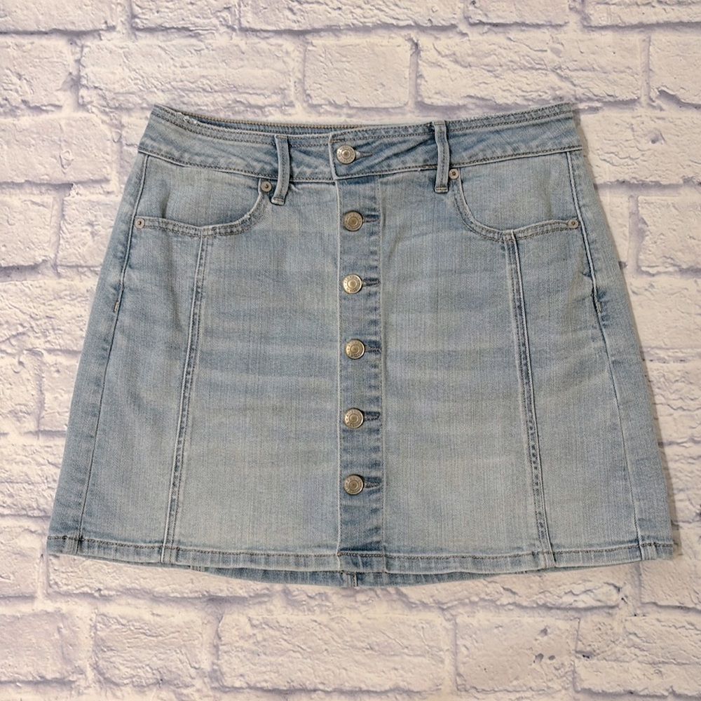 American Eagle Mini Jean Skirt High Rise A Line Button Front Blue Denim Size 6